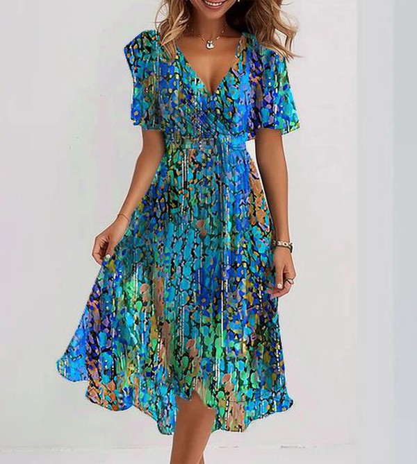 Clara - Blue Midi Dress With Short Sleeves